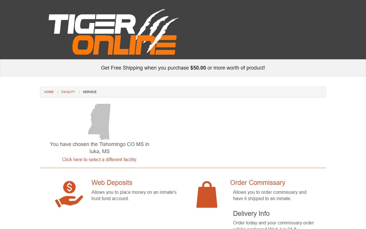 Tishomingo County inmate population commissary deposit service screen